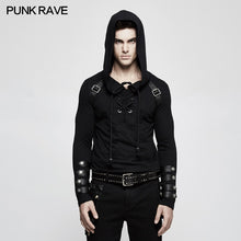 Load image into Gallery viewer, PUNK RAVE Mens Black Steampunk Hooded Tops Shirt Fashion Military Long Sleeve Hip Hop Street Sweater Mens T-shirt