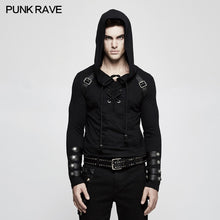 Load image into Gallery viewer, PUNK RAVE Mens Black Steampunk Hooded Tops Shirt Fashion Military Long Sleeve Hip Hop Street Sweater Mens T-shirt