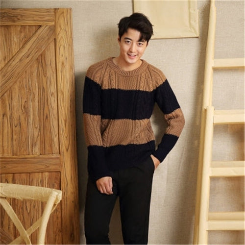 100% hand made pure wool Oneck knit men fashion solid loose contrast color striped pullover sweater one&over size