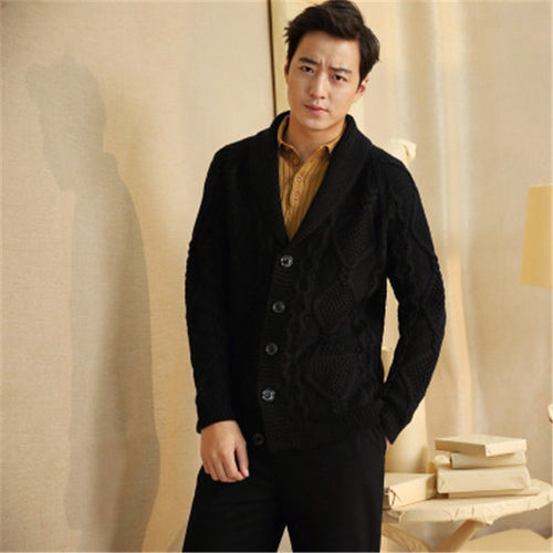 100%hand made pure wool twisted knit men fashion argyle turn-down collar single breasted cardigan sweater one&over size