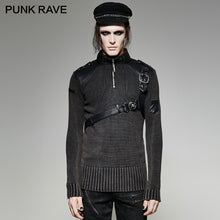 Load image into Gallery viewer, PUNK RAVE Heavy Punk Style Autumn Winter Studded Pullover Leather Sweater Black Men Steampunk Good-fitting Retro Military