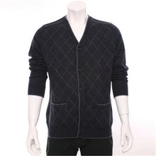 Load image into Gallery viewer, top grade 100%goat cashmere argyle thick knit men fashion single breasted cardigan sweater H-straight dark blue 3color S/2XL