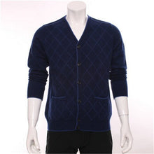 Load image into Gallery viewer, top grade 100%goat cashmere argyle thick knit men fashion single breasted cardigan sweater H-straight dark blue 3color S/2XL