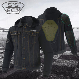 SSPEC Mens Denim Motorcycle Jacket Off-Road Racing Hoodies Motorbike Motorcross Protective Gear Fashion Casual Sweater Jacket