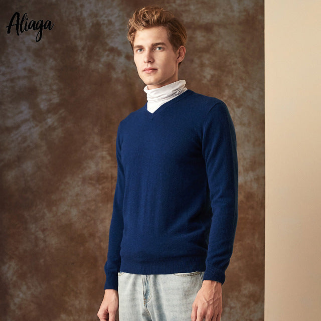 100% Goat Cashmere Sweater Men V-neck Sweater Man Pullovers Knitting Autumn Winter Male Warm Handmade Plus Size Sweaters Jumpers