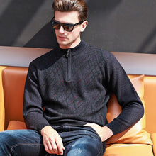 Load image into Gallery viewer, Europe New Men's Fashion Stand Collar Zip Plaid 100% Wool Thick Warm Sweater Male Casual Loose Sweater Jacket moletom masculino