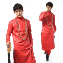 Load image into Gallery viewer, Star with the same paragraph fashion personality costume men big red leather sweater suit (top + pants + apron)