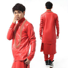Load image into Gallery viewer, Star with the same paragraph fashion personality costume men big red leather sweater suit (top + pants + apron)