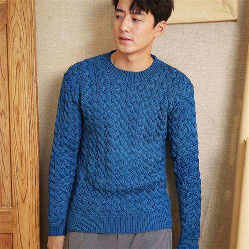 100% hand made pure wool Oneck knit men fashion twisted solid slim H-straight short pullover sweater one&over size