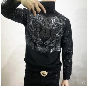 M-3XL! stagecraft    Men's bright silver hot diamond sweater 2018 personality long sleeve round collar pullover