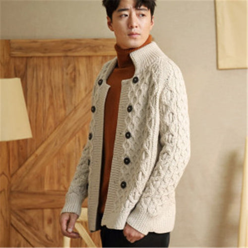 100% hand made pure wool stand collar knit men fashion H-straight double breasted short cardigan sweater coat one&over size