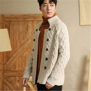 100% hand made pure wool stand collar knit men fashion H-straight double breasted short cardigan sweater coat one&over size