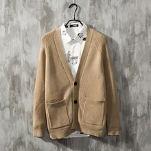 Load image into Gallery viewer, Korean Style V Neck Sweater Men Slim Knitted Shot Jacket Coat Pocket Pull Homme Spring Autumn Sueter Hombre Black Blue Khaki