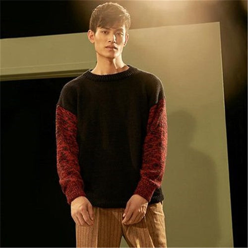 100%hand made pure wool thick knit men fashion Oneck patchwork sleeve pullover sweater one&over size