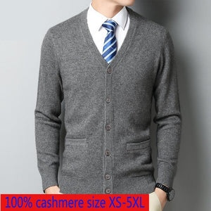 New High Quality Autumn Winter 100% Pure Cashmere Cardigan Thickened Men Casual Computer Knitted V-neck Sweater Plus Size XS-6XL