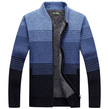 Load image into Gallery viewer, LEDINGSEN 2017 Red Striped Zip Sweater Men Winter Thicken Fleece Knitted Cardigan Stand Collar Casual Fashion Warm Sweater