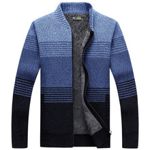Load image into Gallery viewer, LEDINGSEN 2017 Red Striped Zip Sweater Men Winter Thicken Fleece Knitted Cardigan Stand Collar Casual Fashion Warm Sweater