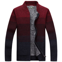Load image into Gallery viewer, LEDINGSEN 2017 Red Striped Zip Sweater Men Winter Thicken Fleece Knitted Cardigan Stand Collar Casual Fashion Warm Sweater
