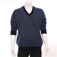 Load image into Gallery viewer, new arrival 100%goat cashmere v-neck knit men fashion dark argyle thick pullover sweater H-straight blue 2color S/2XL