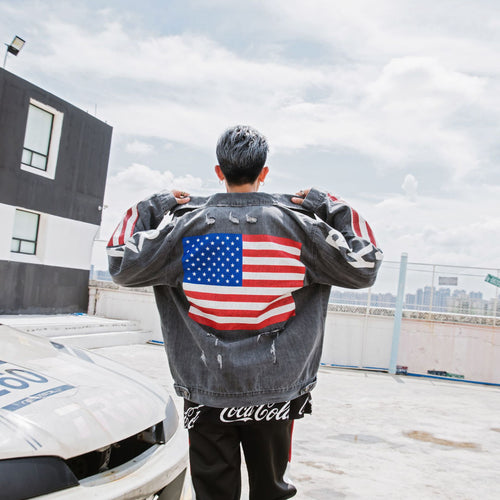 2018 autumn dress couple jeans cowboys and men Korean version BF hooded sweater jacket Flag of the United States US M-2XL