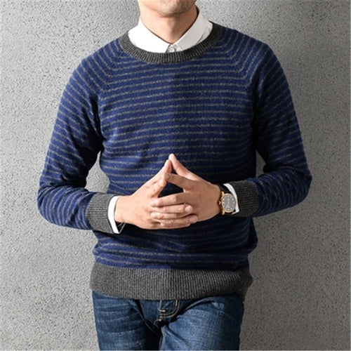 100%cashmere Oneck knit men fashion striped H-straight pullover sweater 3color S-2XL